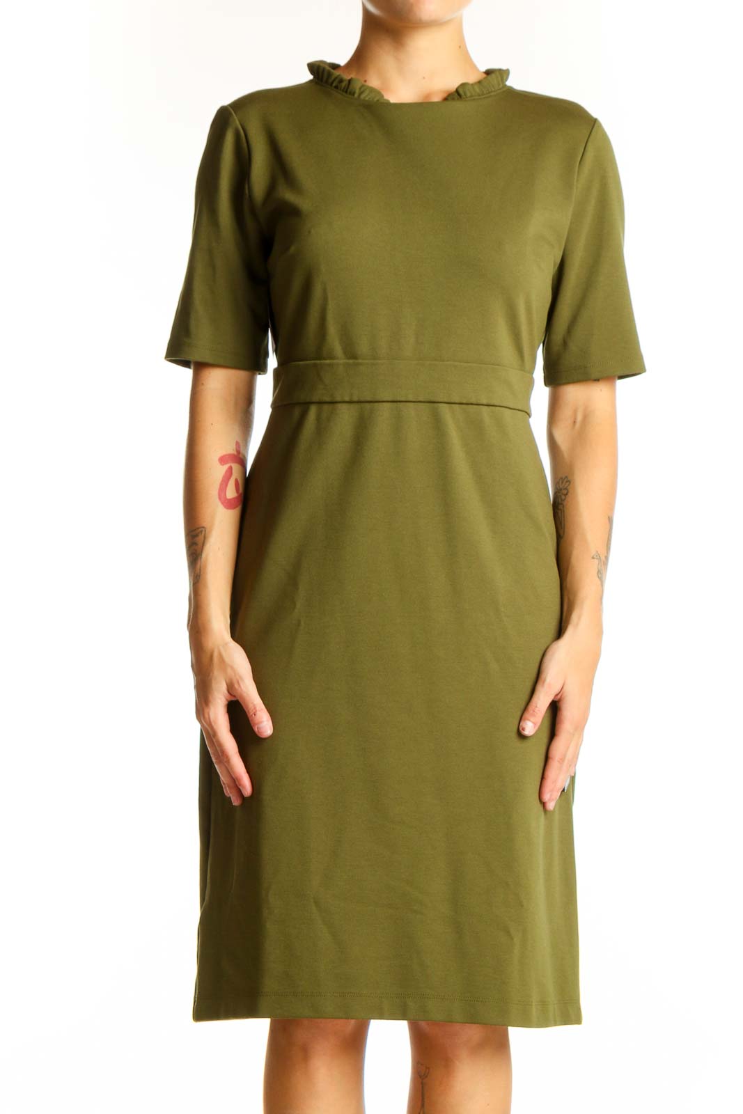 Olive Ruffle-Neck Sheath Dress Front