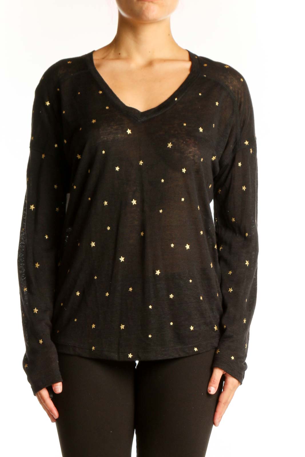 Black Star-Printed Long Sleeve V-Neck Top Front
