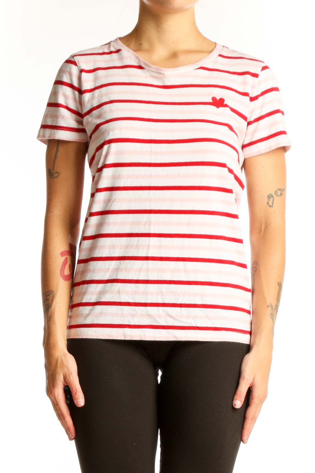 White and Red Striped Cotton T-Shirt Front