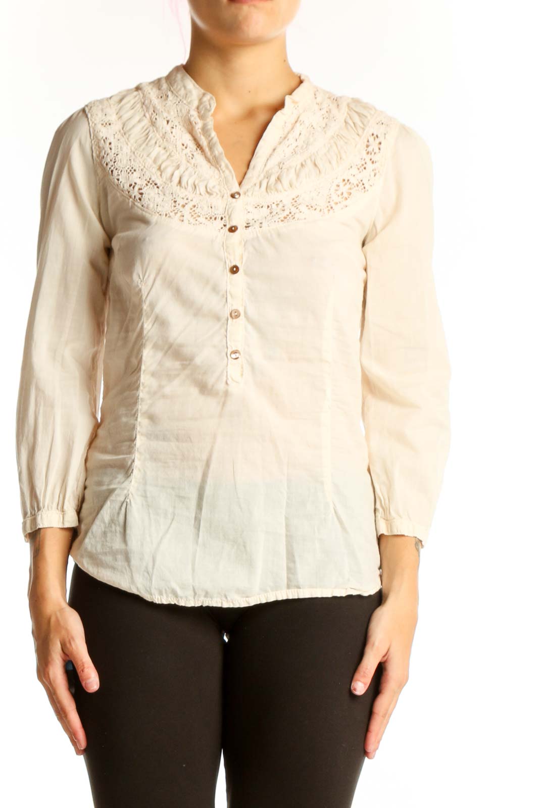 Cream Lace-Yoke Cotton Blouse Front