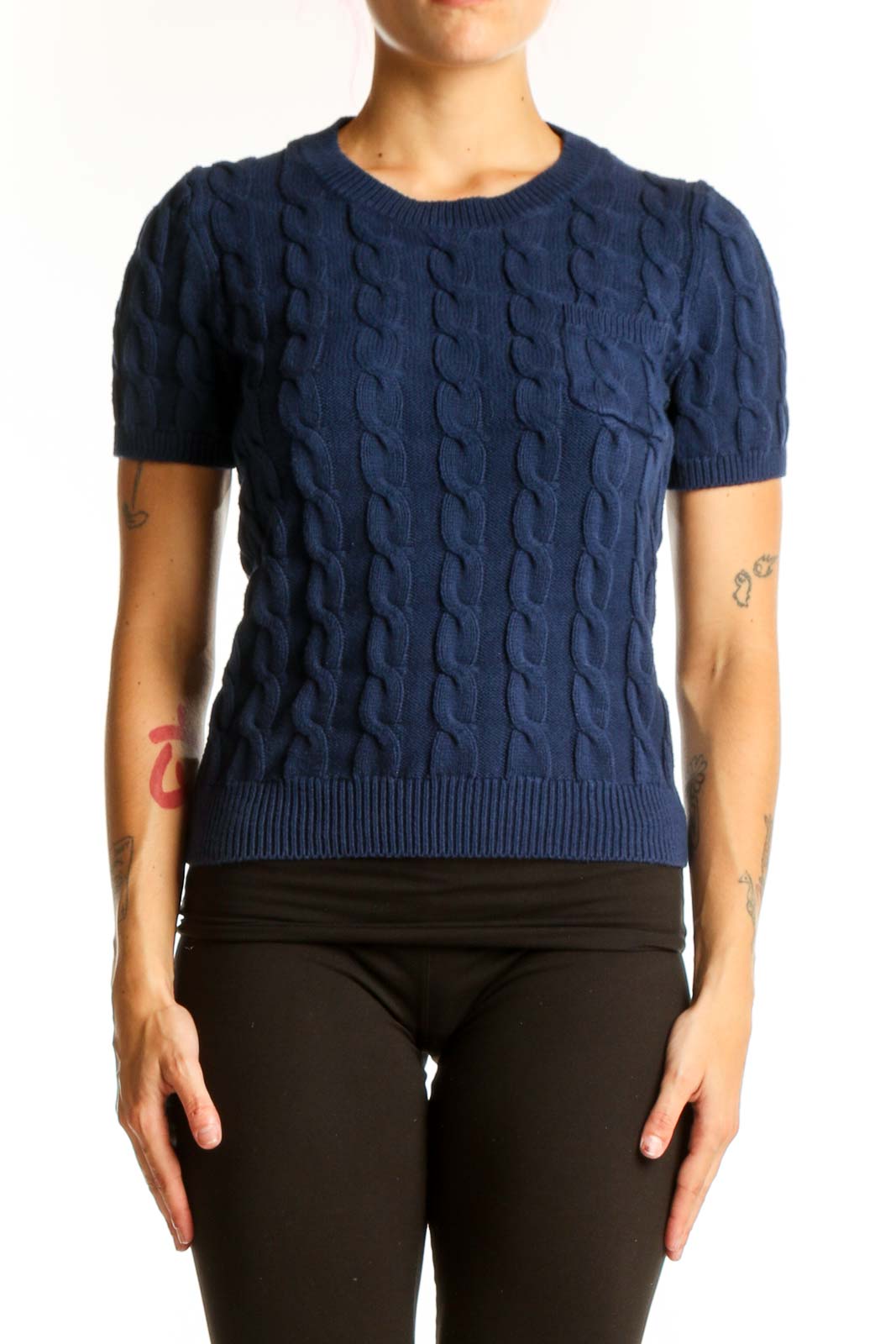Navy Cable Knit Short Sleeve Sweater Front