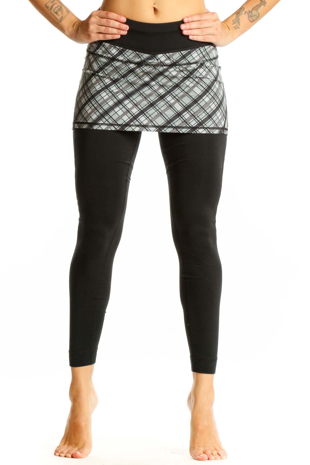 Black and Gray Plaid Athletic Skirted Leggings Front