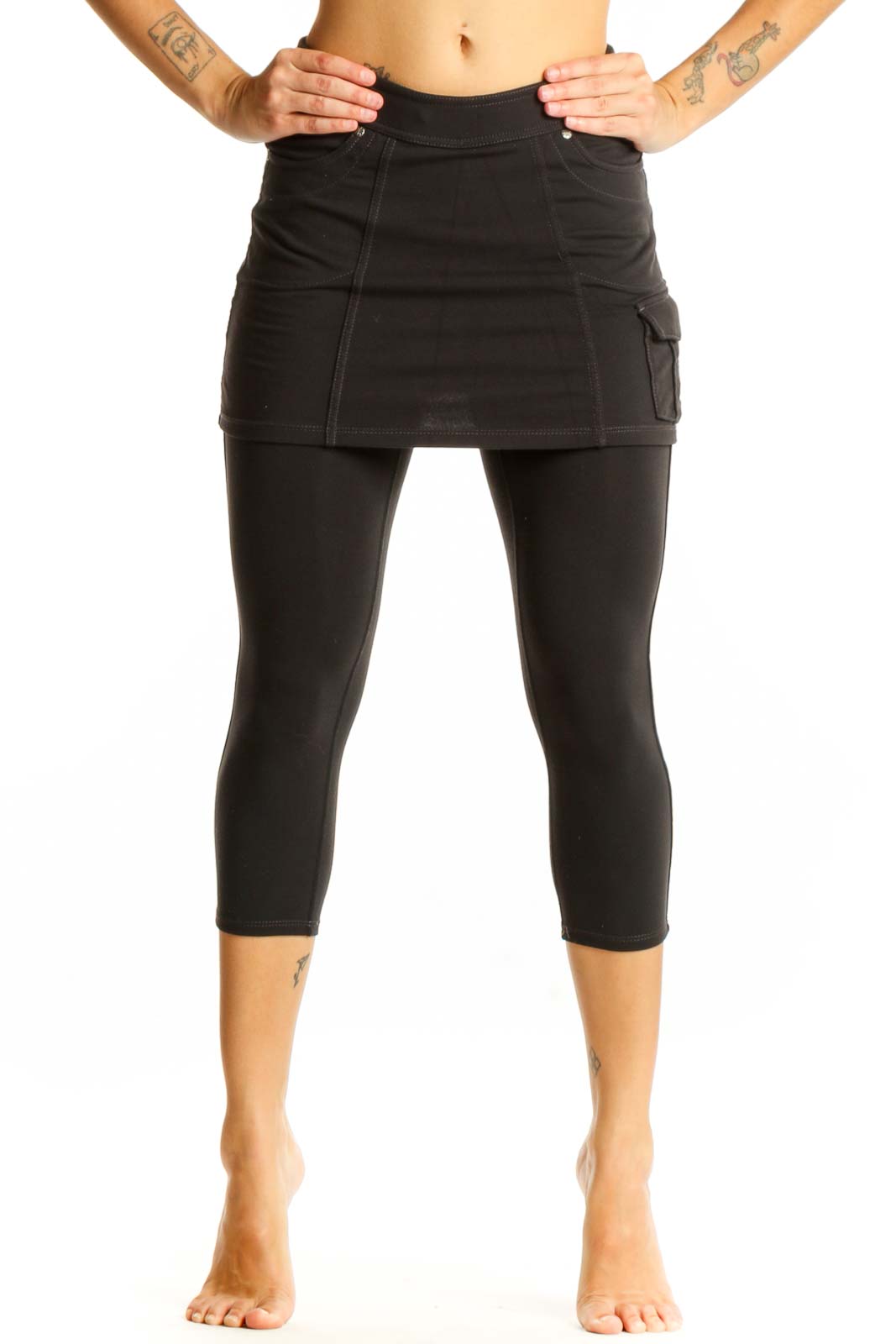 Black Cotton Skirted Capri Leggings Front