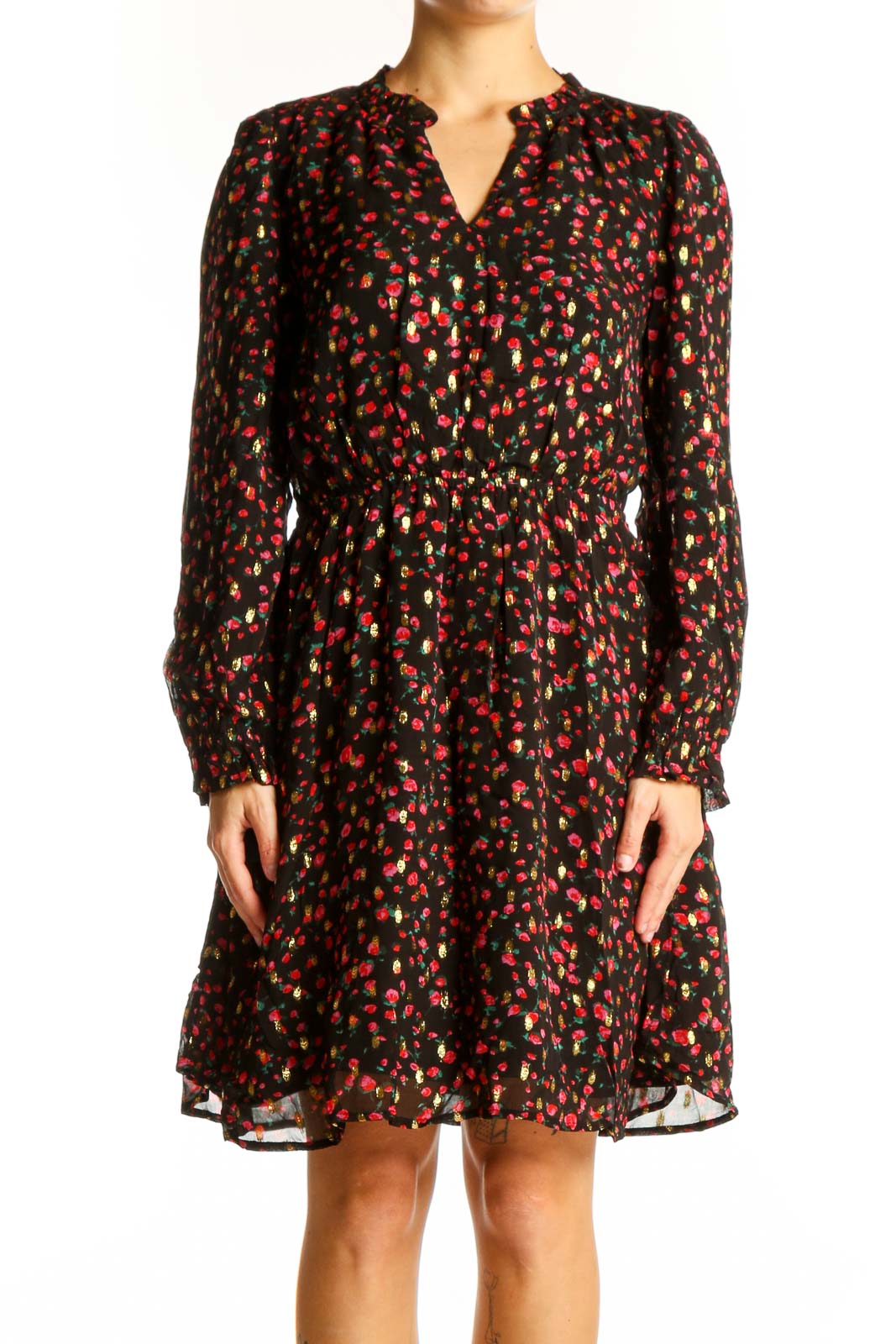Black Floral Print Viscose Dress Front