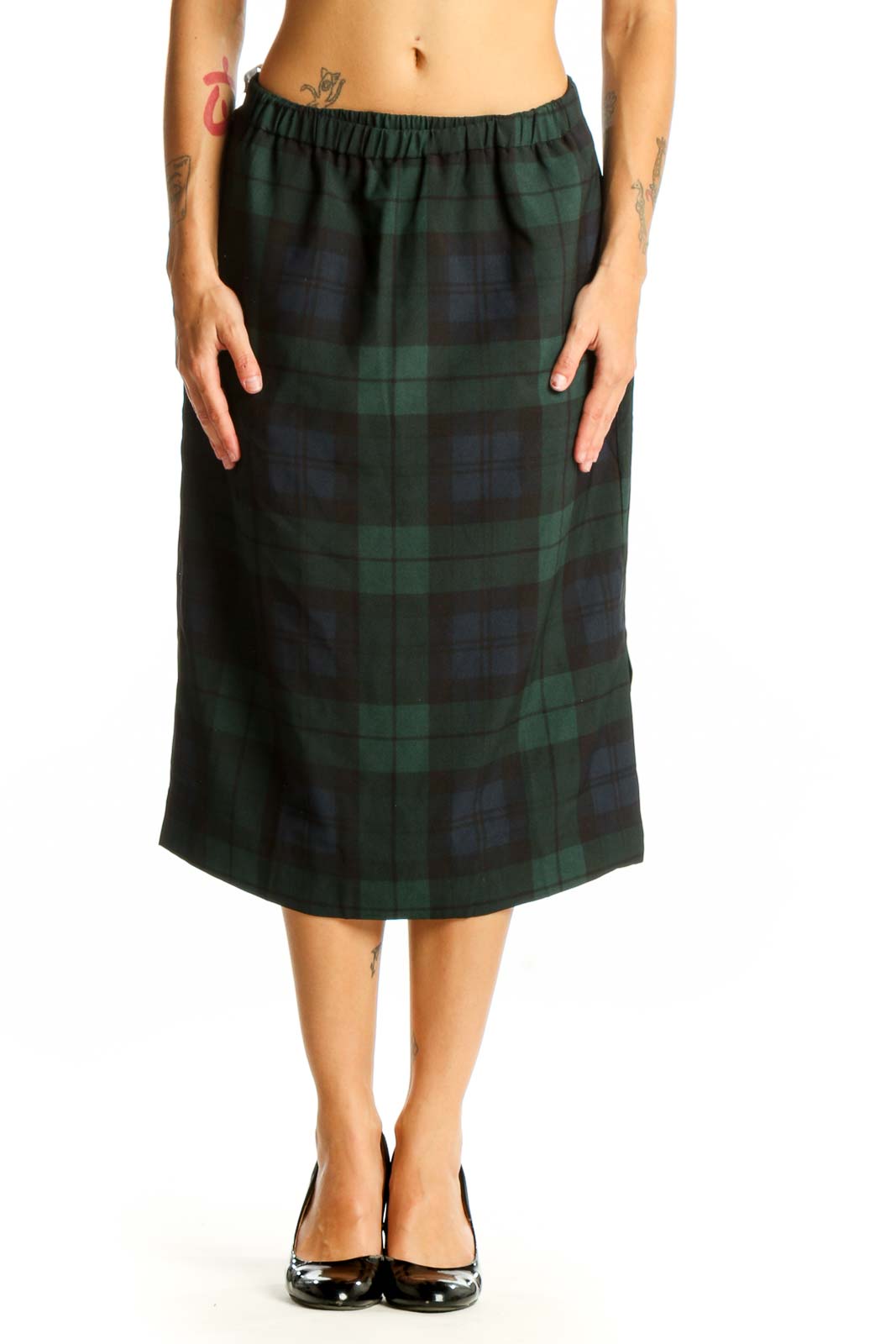 Green & Navy Plaid Midi Skirt Front