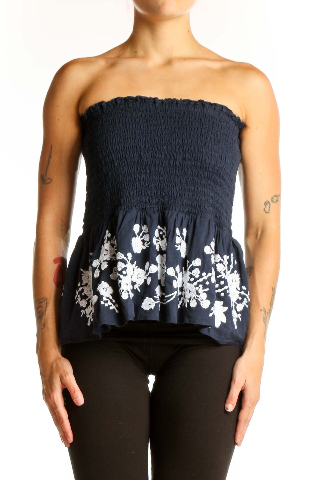 Navy Floral Smocked Strapless Top Front