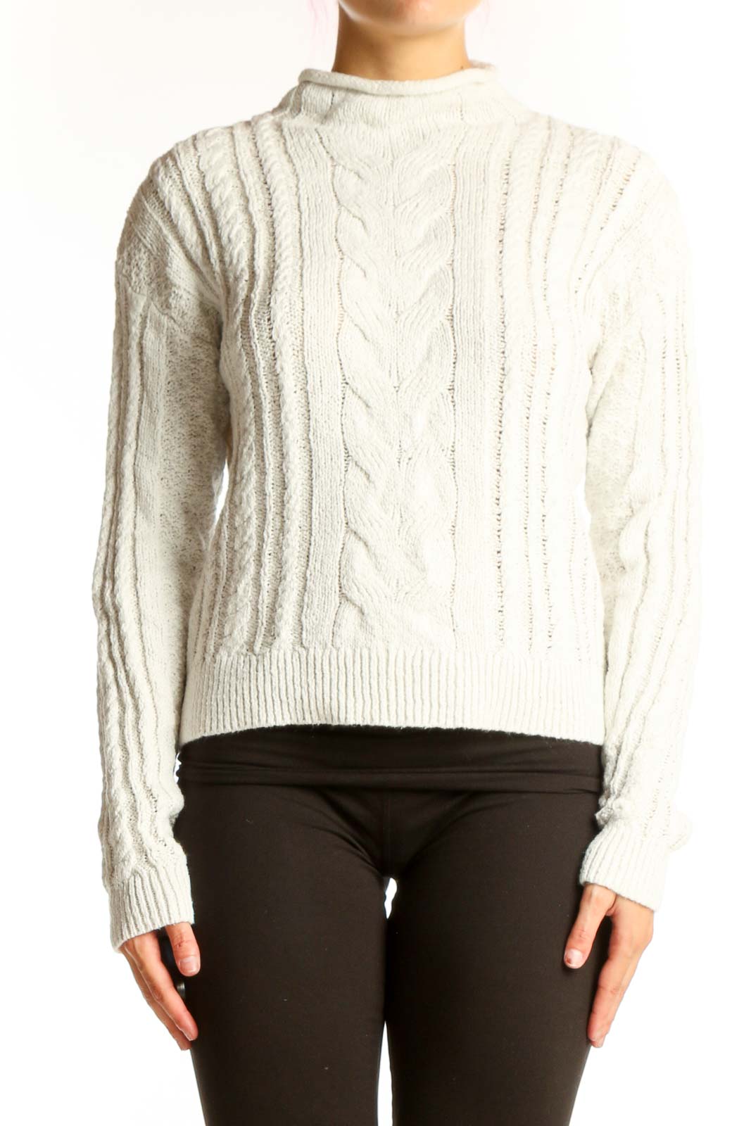 Cream Cable Knit Mock Neck Sweater Front