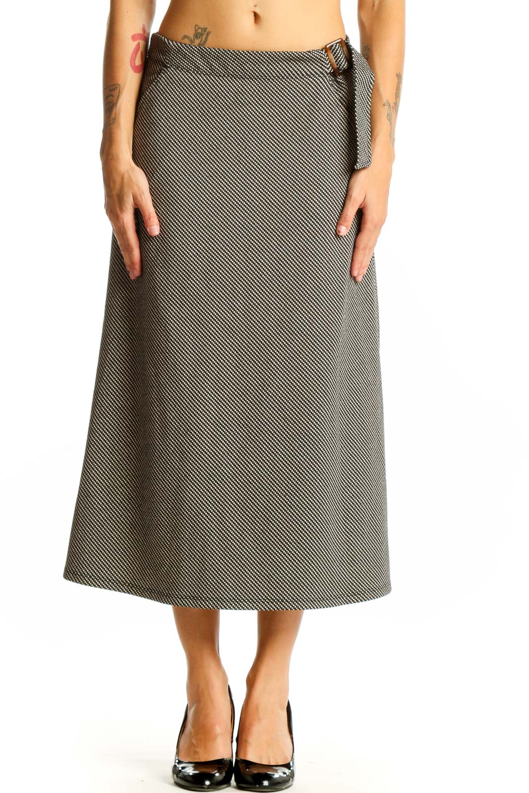 Gray Diagonal Striped Midi Skirt Front