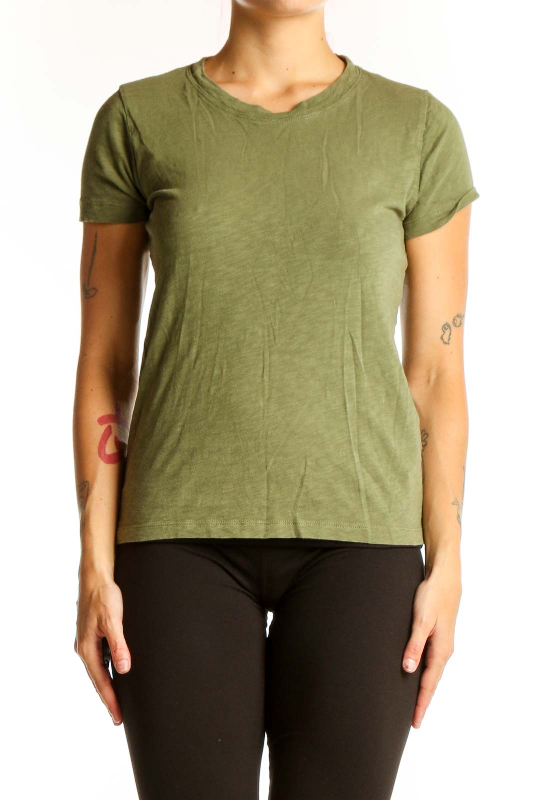 Olive Green Cotton Crew Neck T-Shirt Front