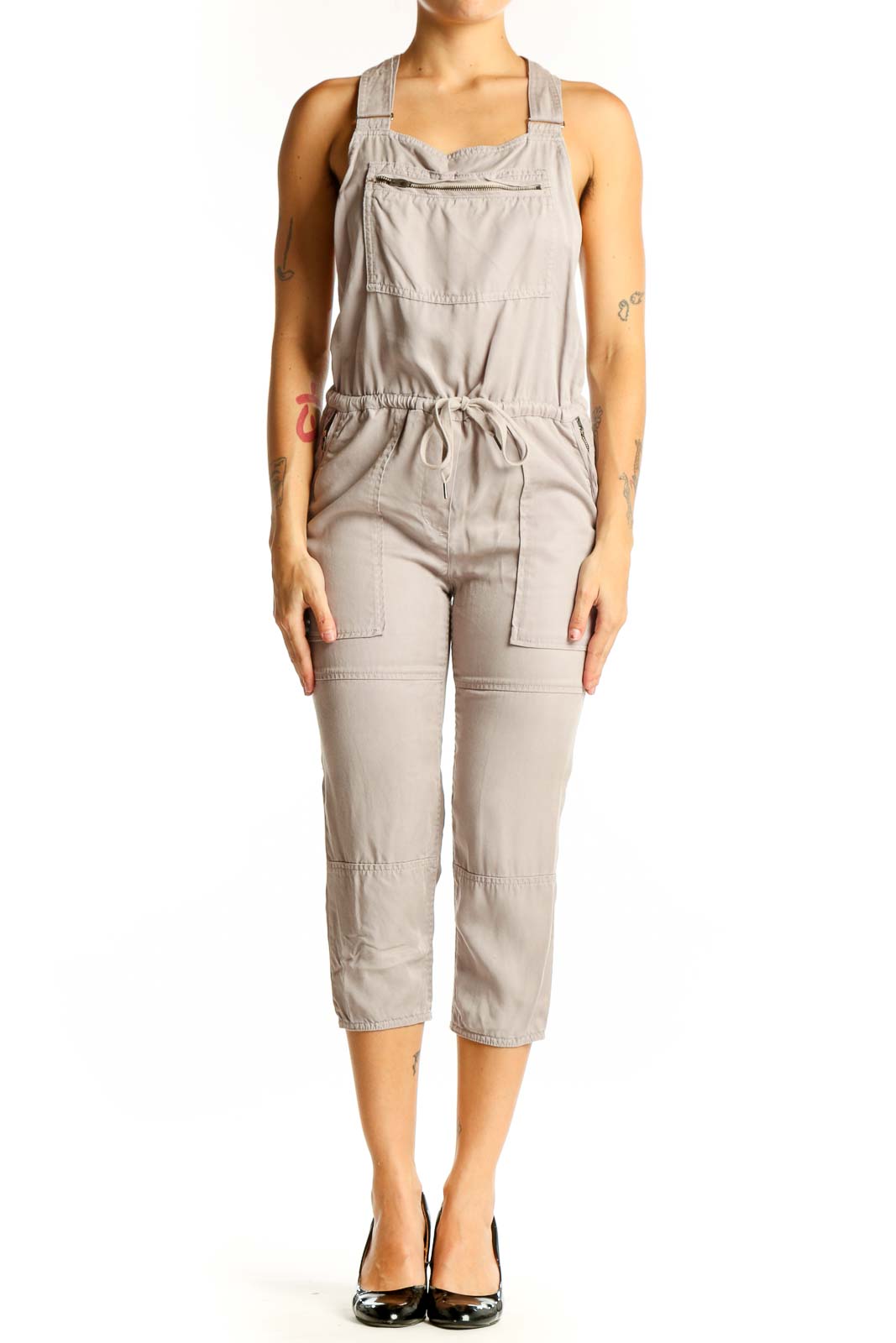 Beige Lyocell Capri Jumpsuit Front