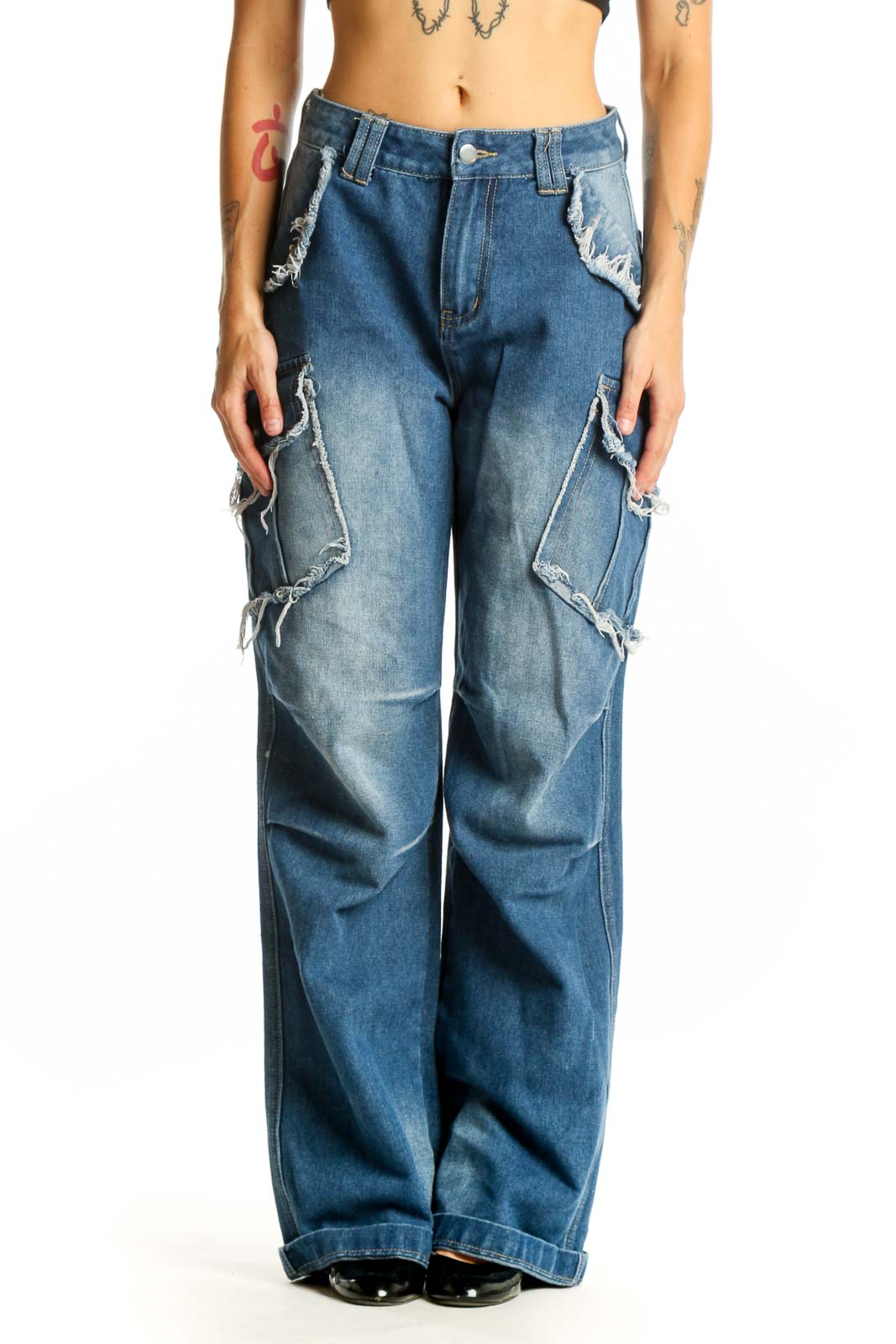 Blue Distressed Wide-Leg Cargo Jeans Front