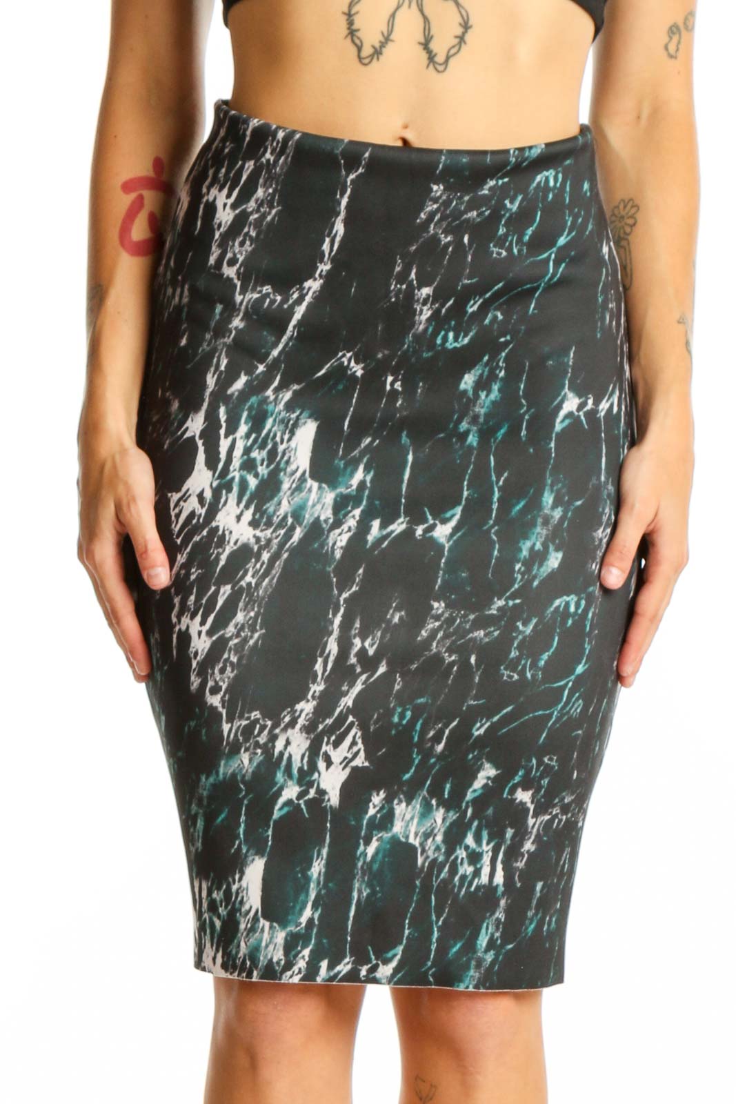 Black Marble Print Pencil Skirt Front