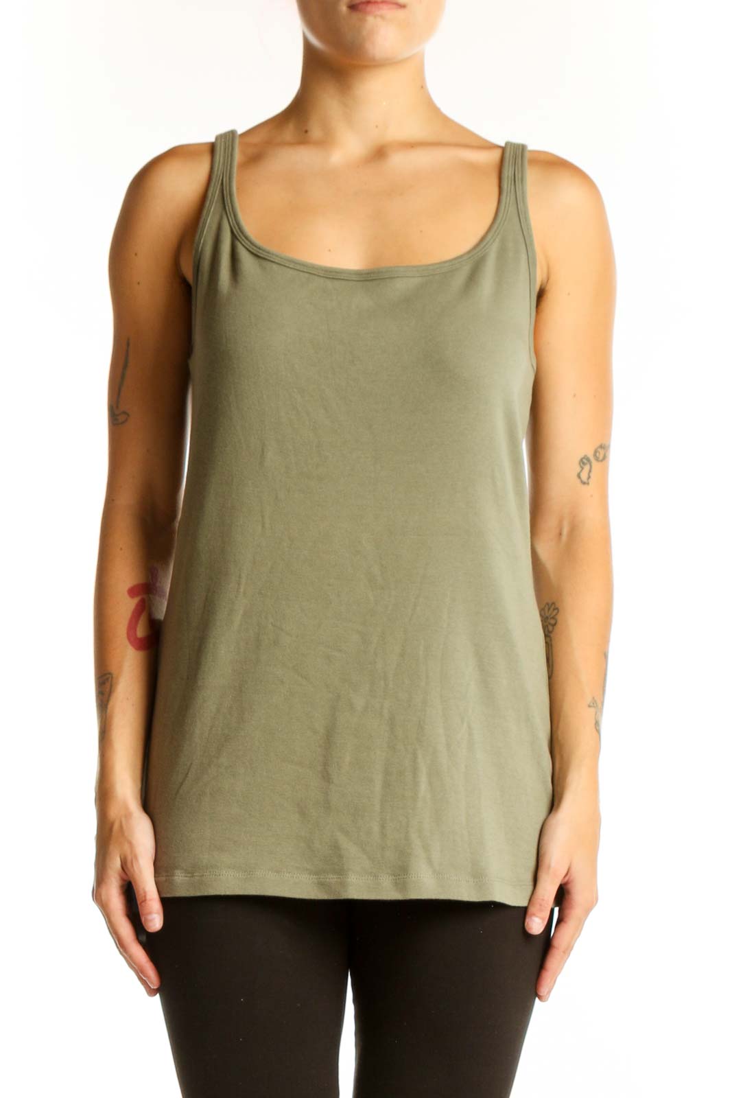 Olive Green Cotton Blend Tank Top Front