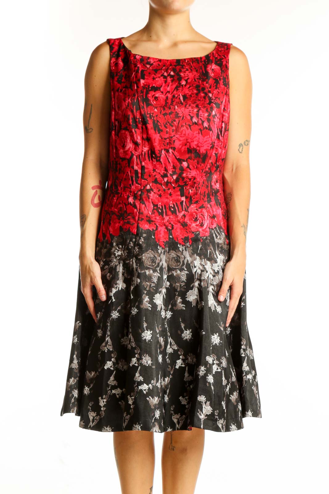 Red and Black Floral Sleeveless Dress Front