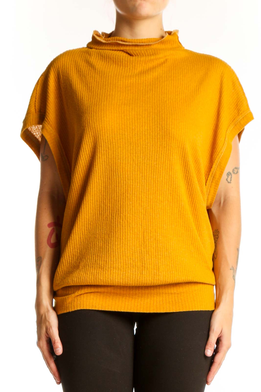 Mustard Ribbed Mock Neck Top Front