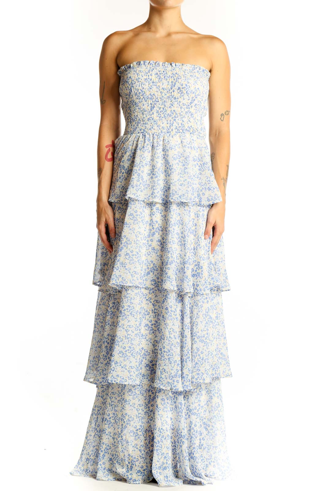 Blue Floral Tiered Maxi Dress Front