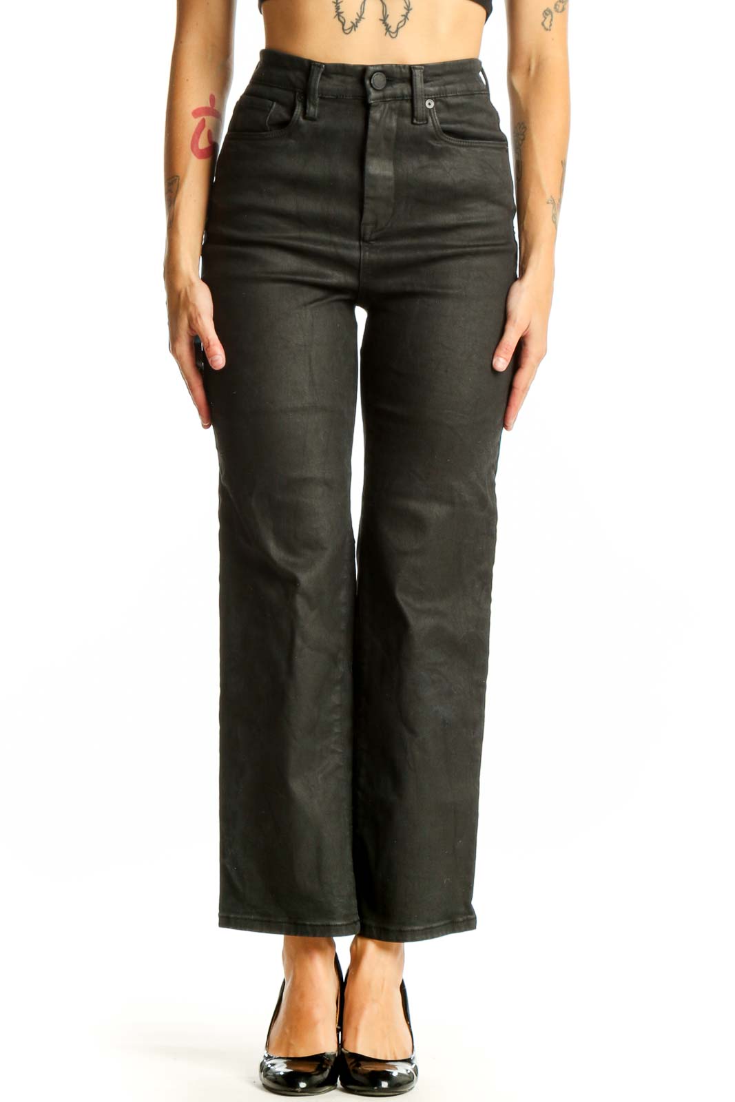Black High-Waisted Wide-Leg Denim Jeans Front