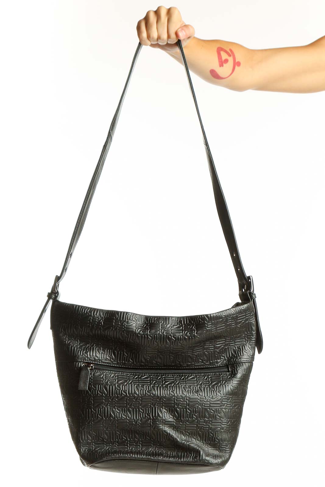 Black Leather Embossed Shoulder Bag Front