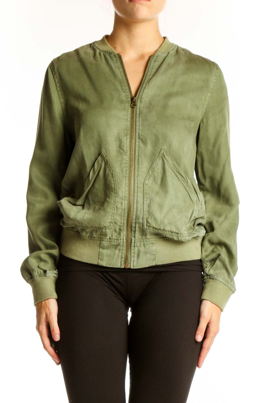Olive Green Tencel Bomber Jacket Front