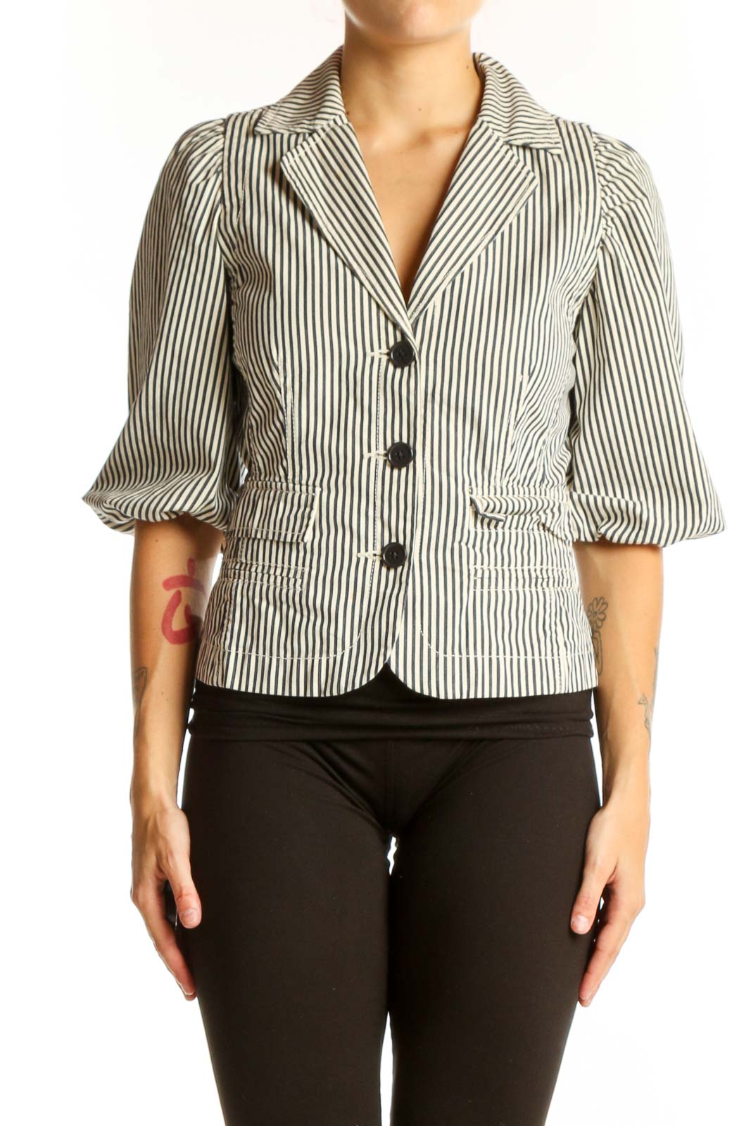 Black and White Striped Cotton Blazer Front