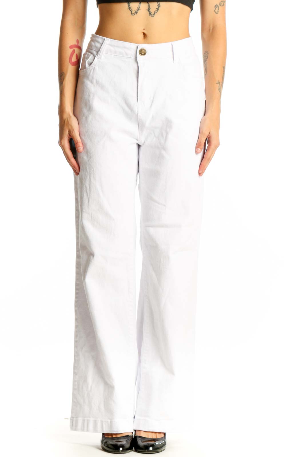 White Wide-Leg Denim Trousers Front
