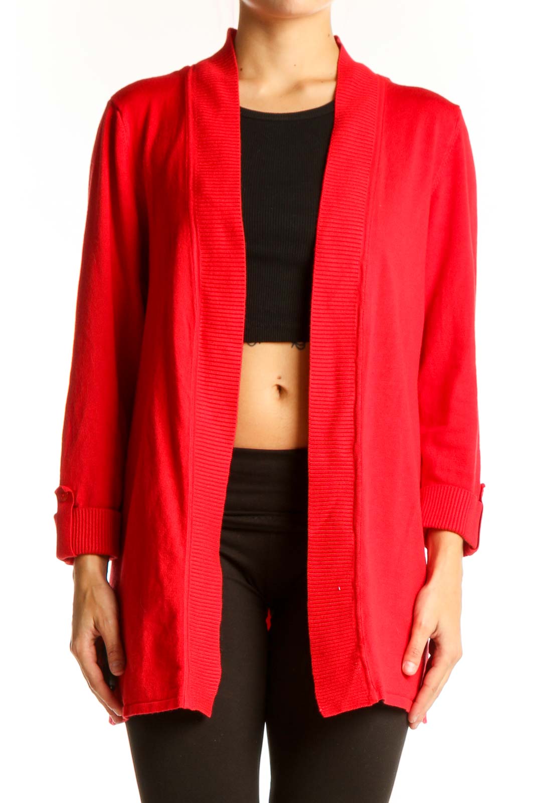 Red Open Front Knit Cardigan Front
