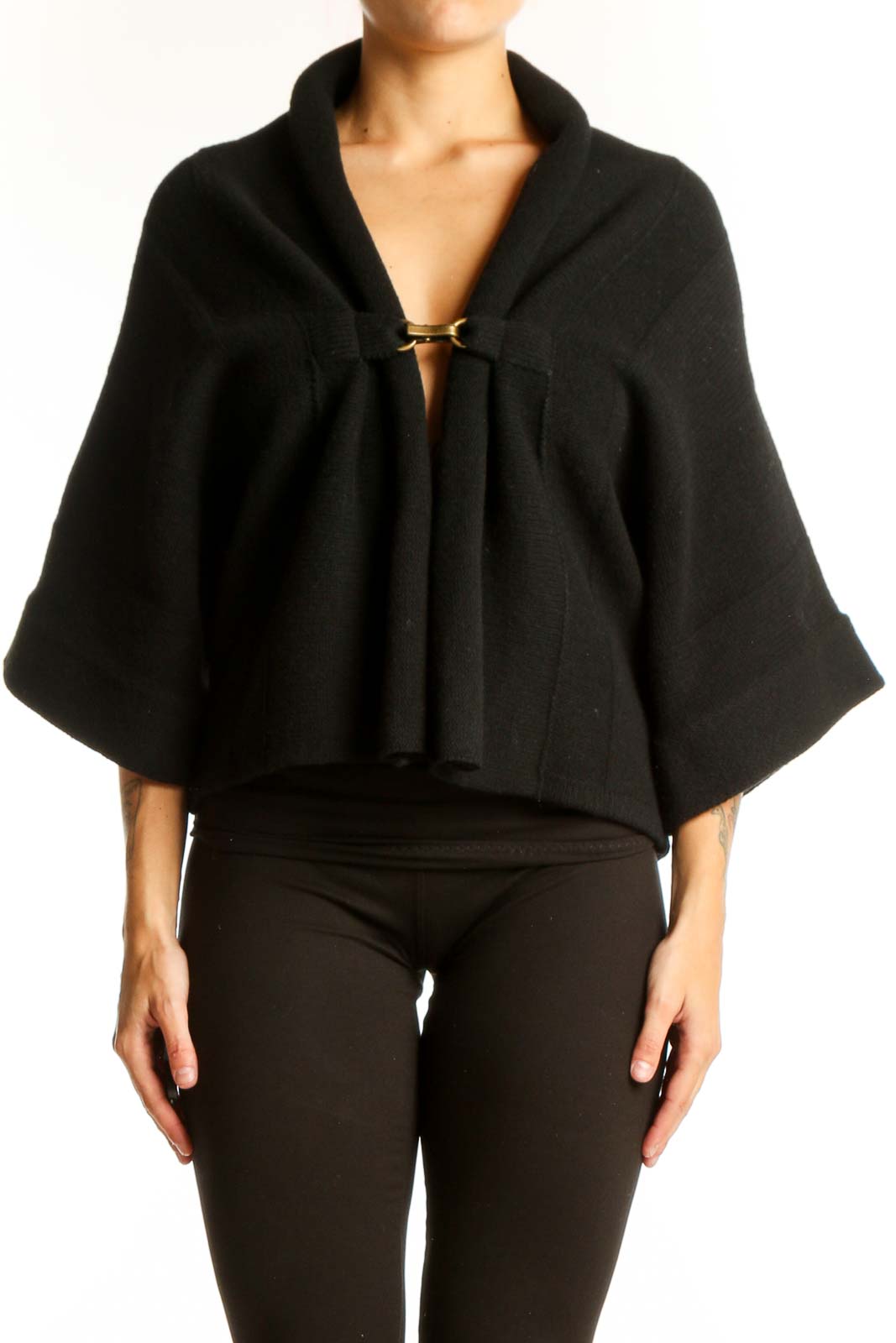 Black Cropped Knit Cardigan Front
