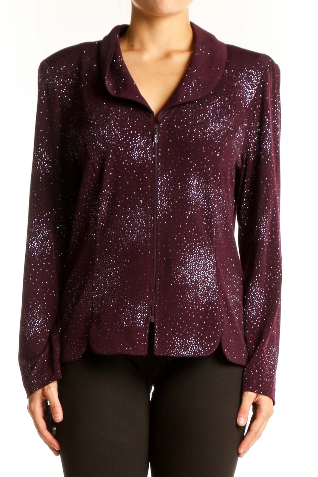 Burgundy Sparkle Zip-Up Blouse Front