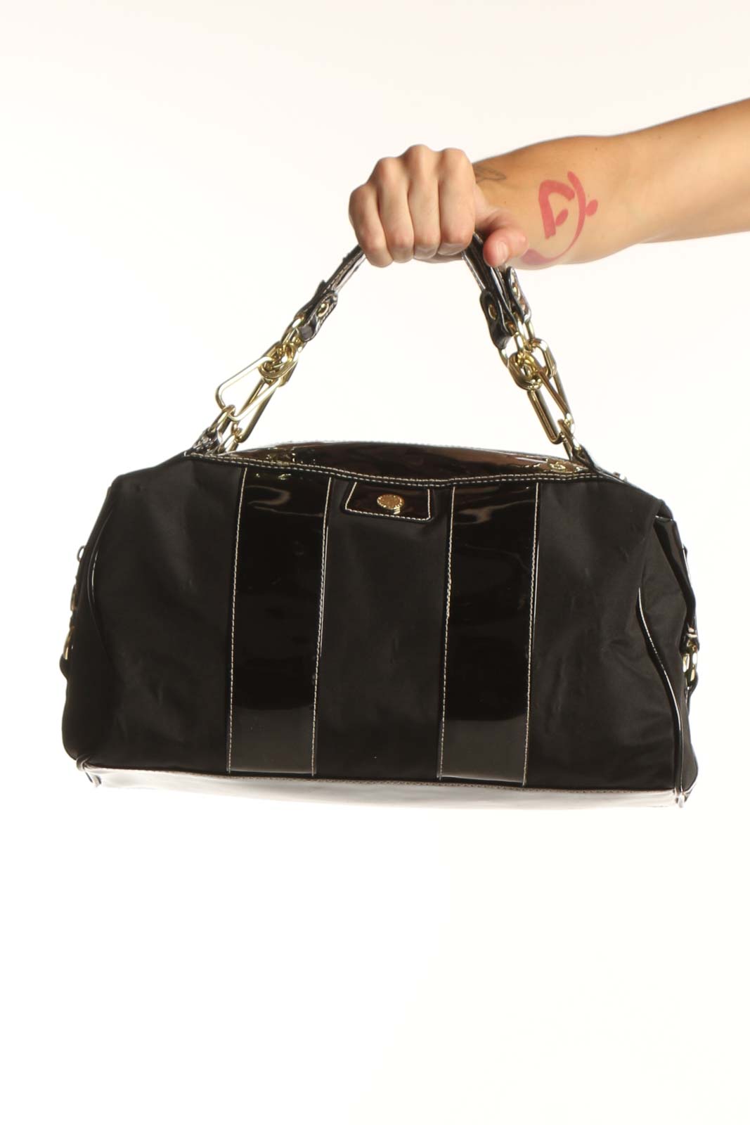 Black Patent Leather Trim Shoulder Bag Front