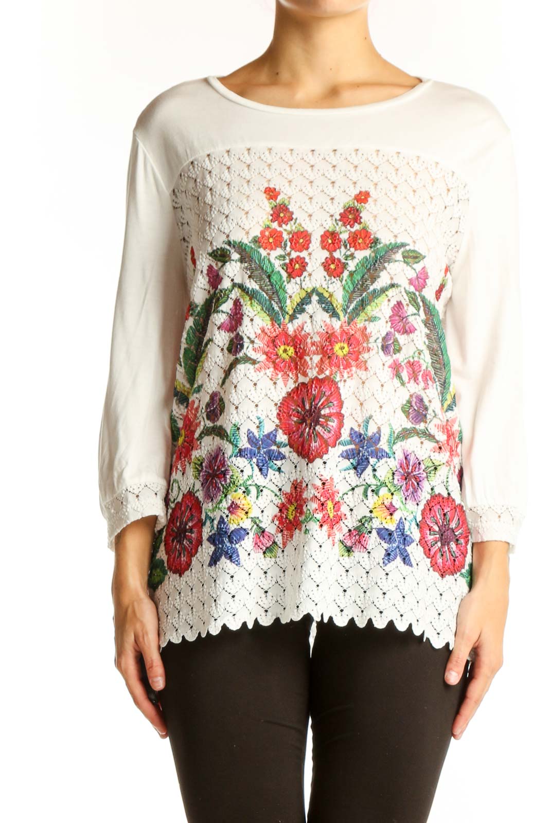 White Floral Embroidered Lace Top Front