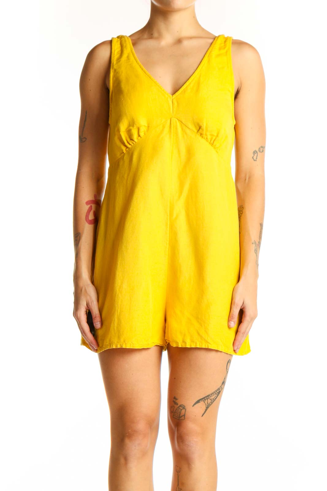 Yellow V-Neck Sleeveless Romper Front