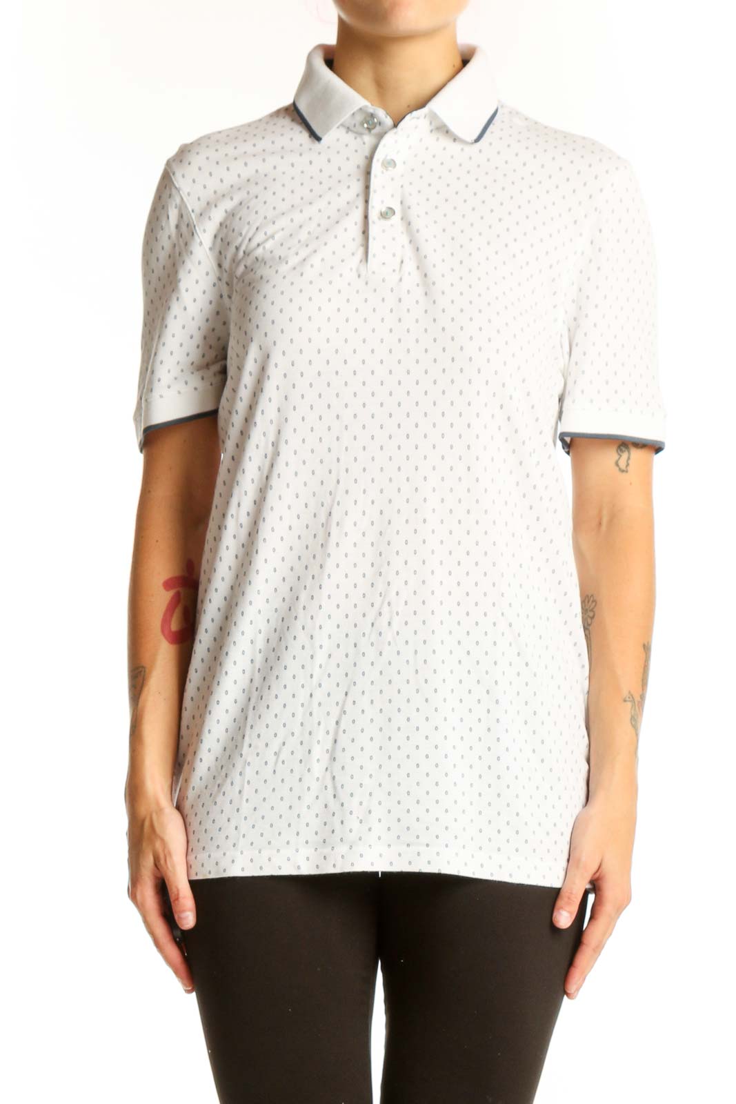 White Polka Dot Cotton-Modal Polo Shirt Front