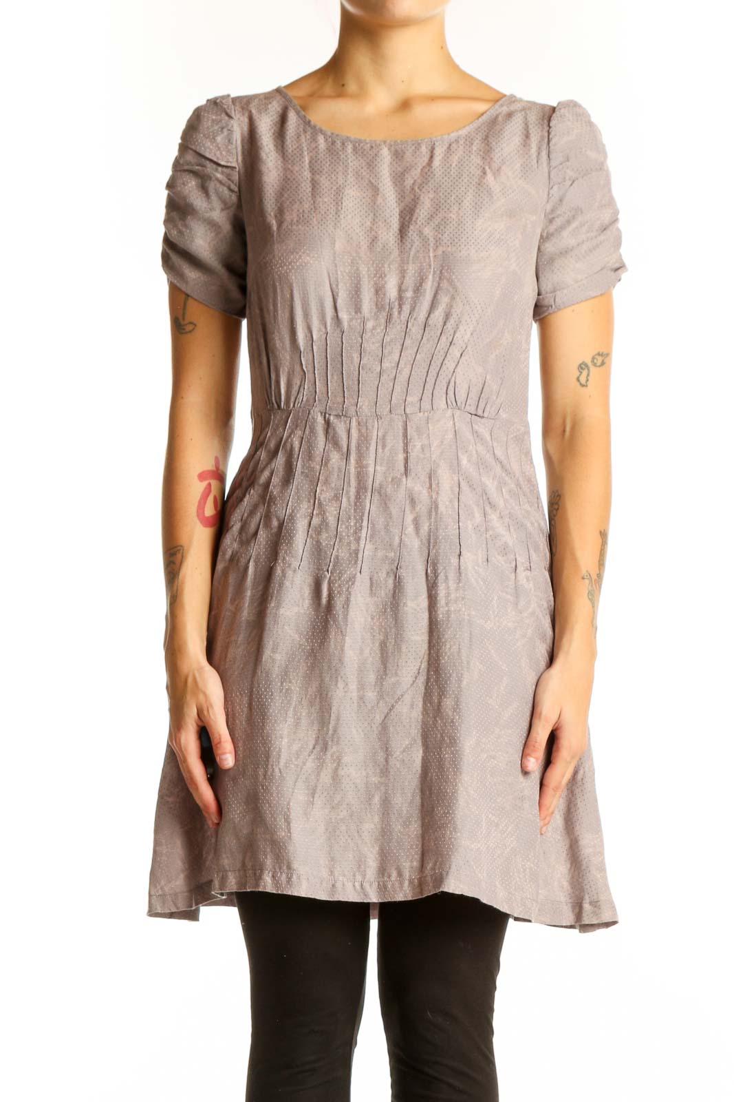 Taupe Pleated Short Sleeve Dress Front