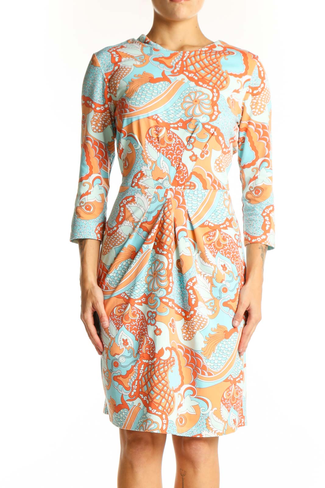 Orange and Blue Floral Print Dress Front