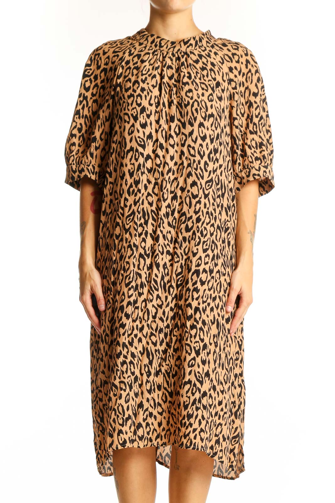 Tan Leopard Print Midi Dress Front