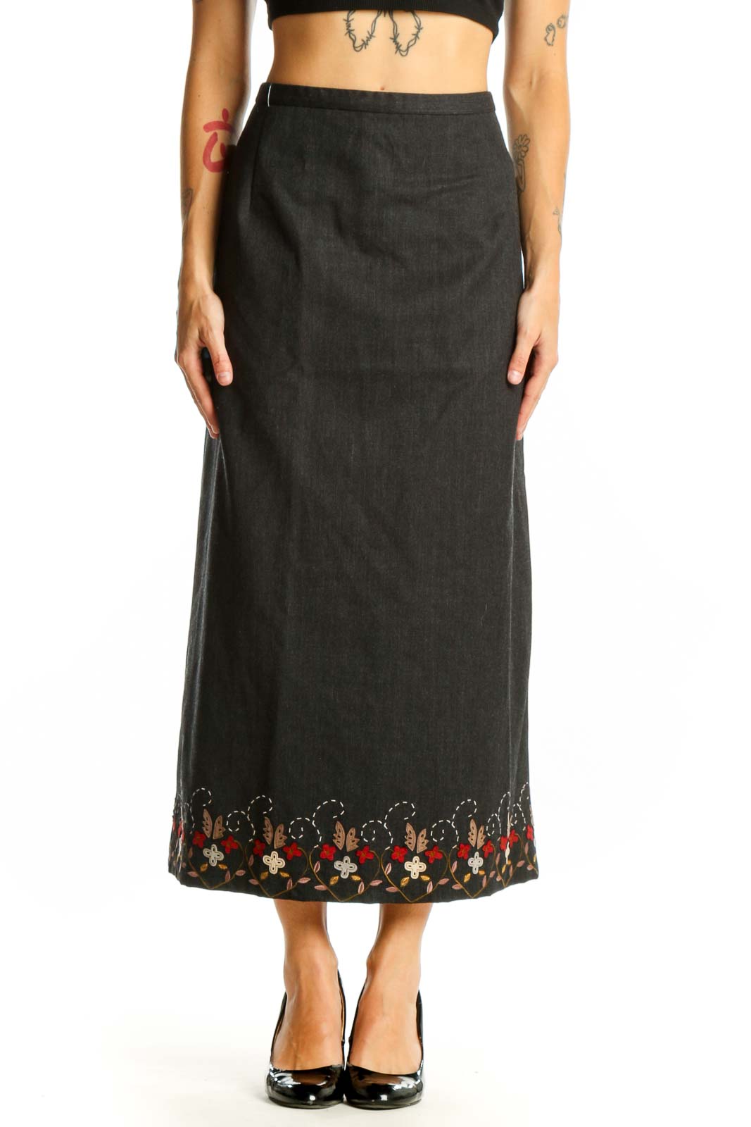 Charcoal Wool Embroidered Maxi Skirt Front