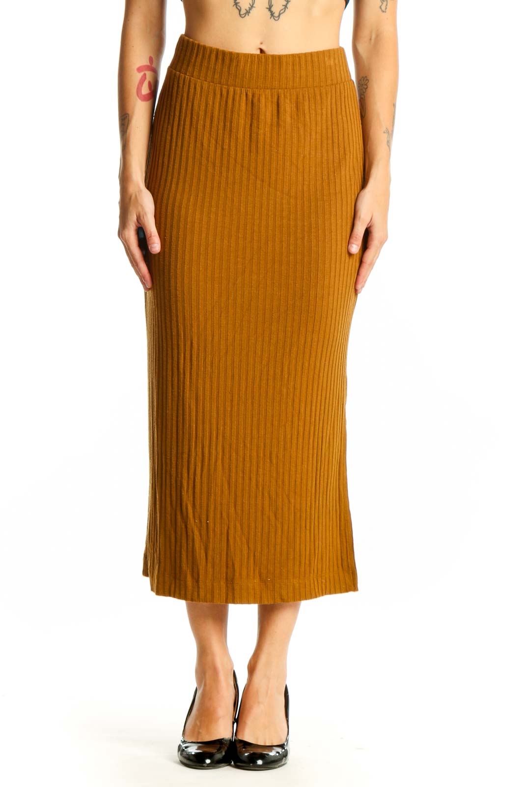 Mustard Ribbed Midi Skirt Front