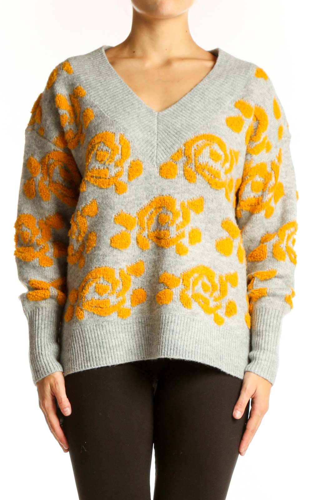 Gray and Yellow Floral V-Neck Sweater Front