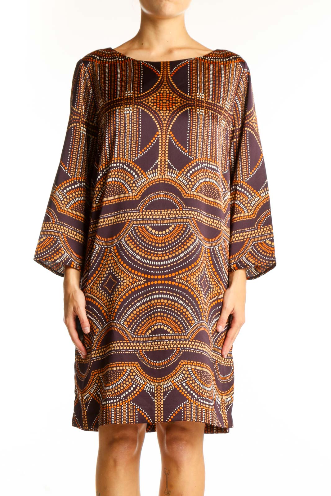Brown Geometric Print Shift Dress Front