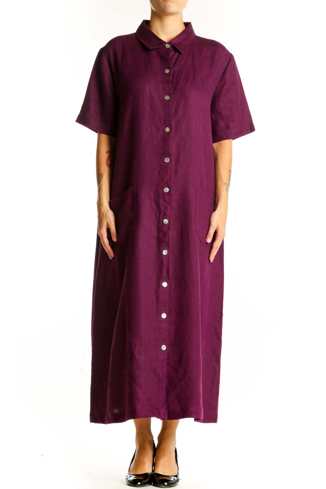 Purple Button-Down Maxi Shirt Dress Front