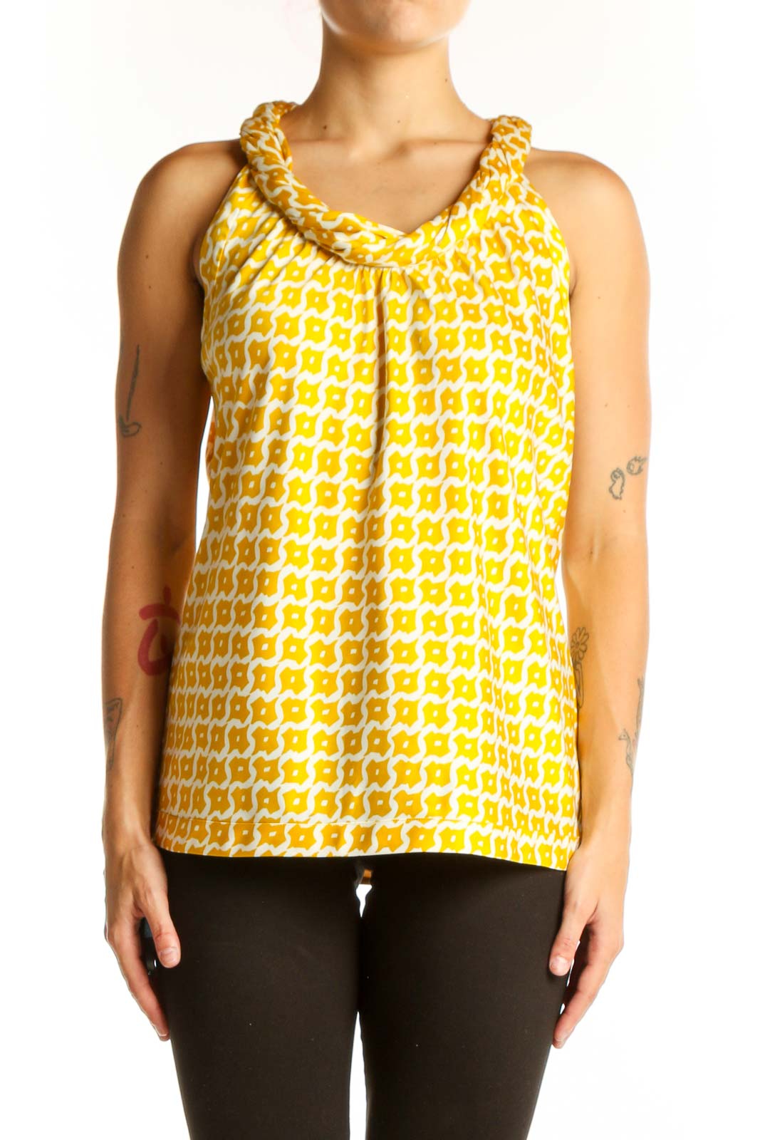 Yellow Geometric Print Sleeveless Top Front
