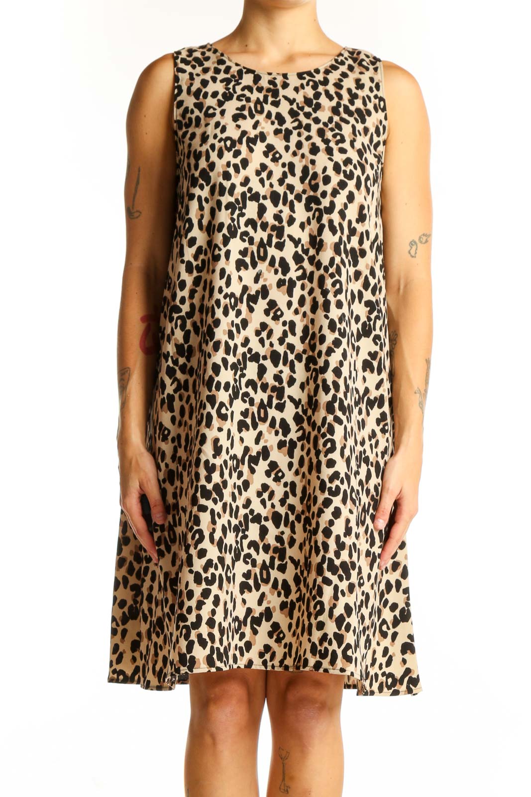 Tan Leopard Print Sleeveless Shift Dress Front