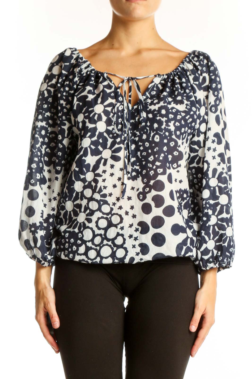Navy and White Floral Print Peasant Top Front