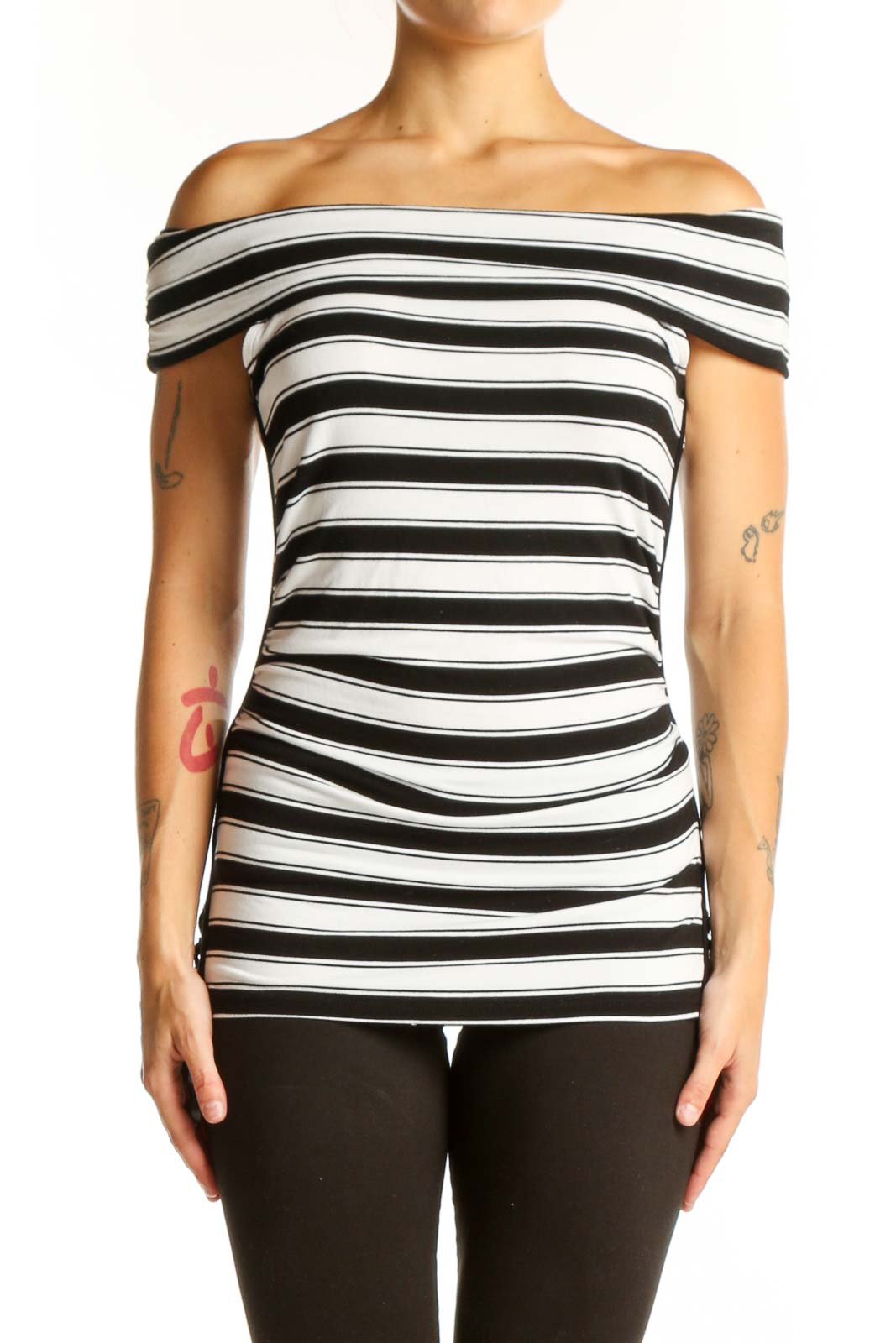 Black and White Striped Off-Shoulder Top Front
