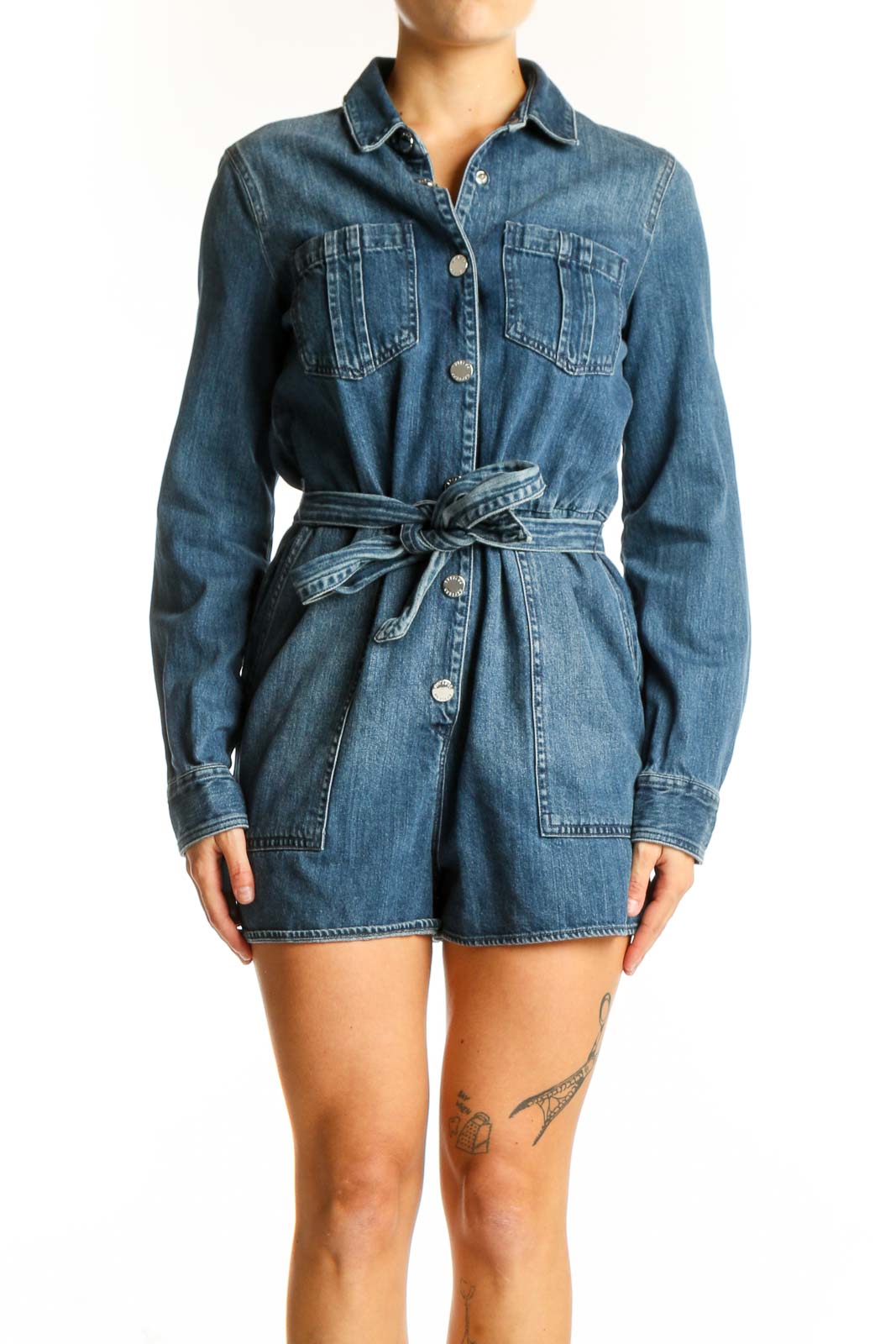 Blue Denim Button-Up Romper Front