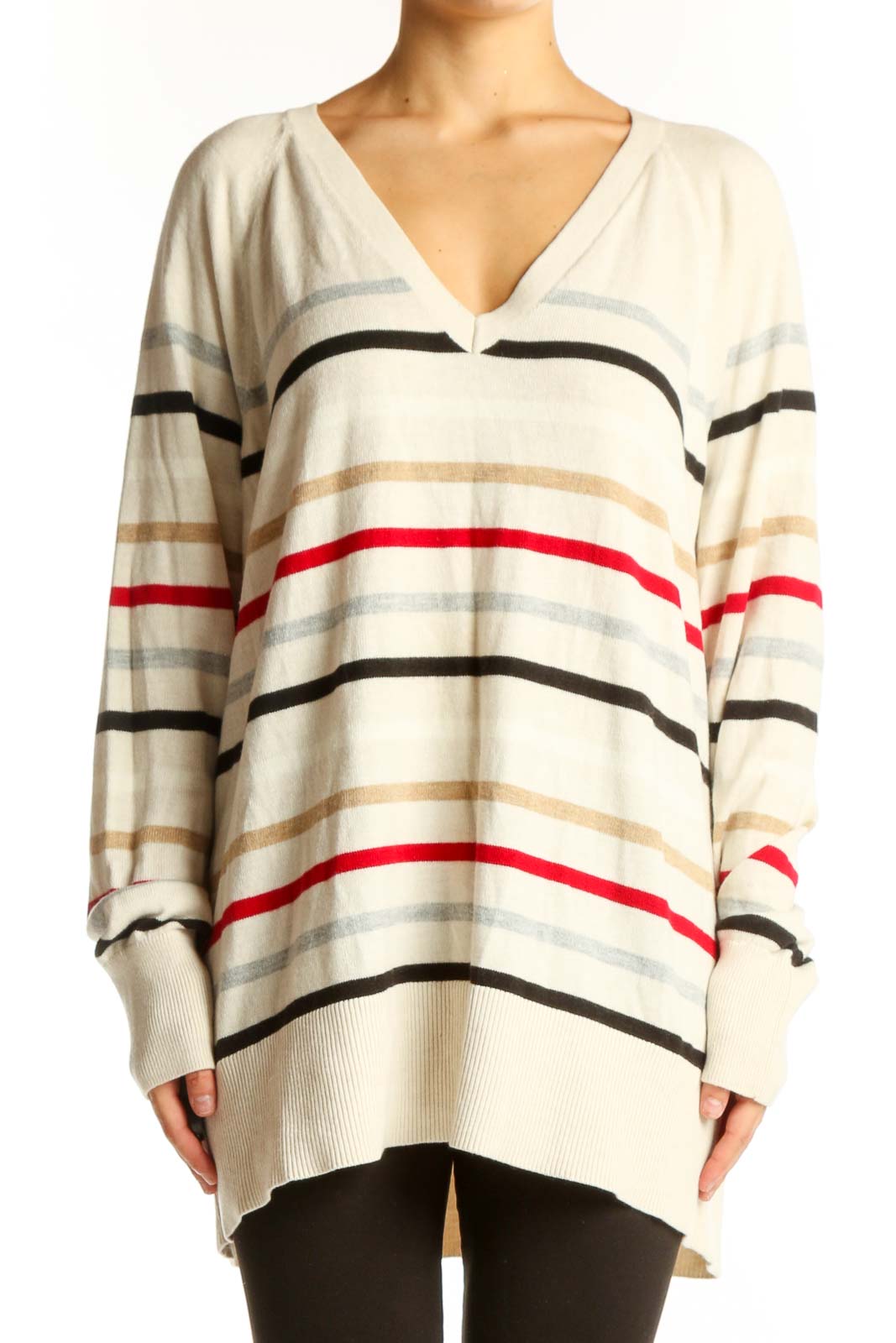Cream Striped V-Neck Oversized Sweater Front