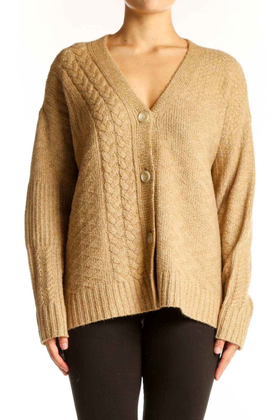 Camel Cable Knit V-Neck Cardigan Front
