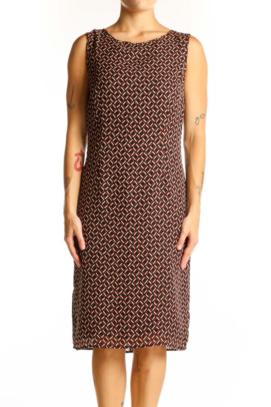 Brown Geometric Print Sleeveless Sheath Dress Front