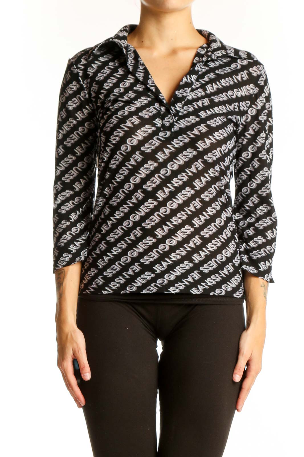 Black and White Patterned Wrap Top Front