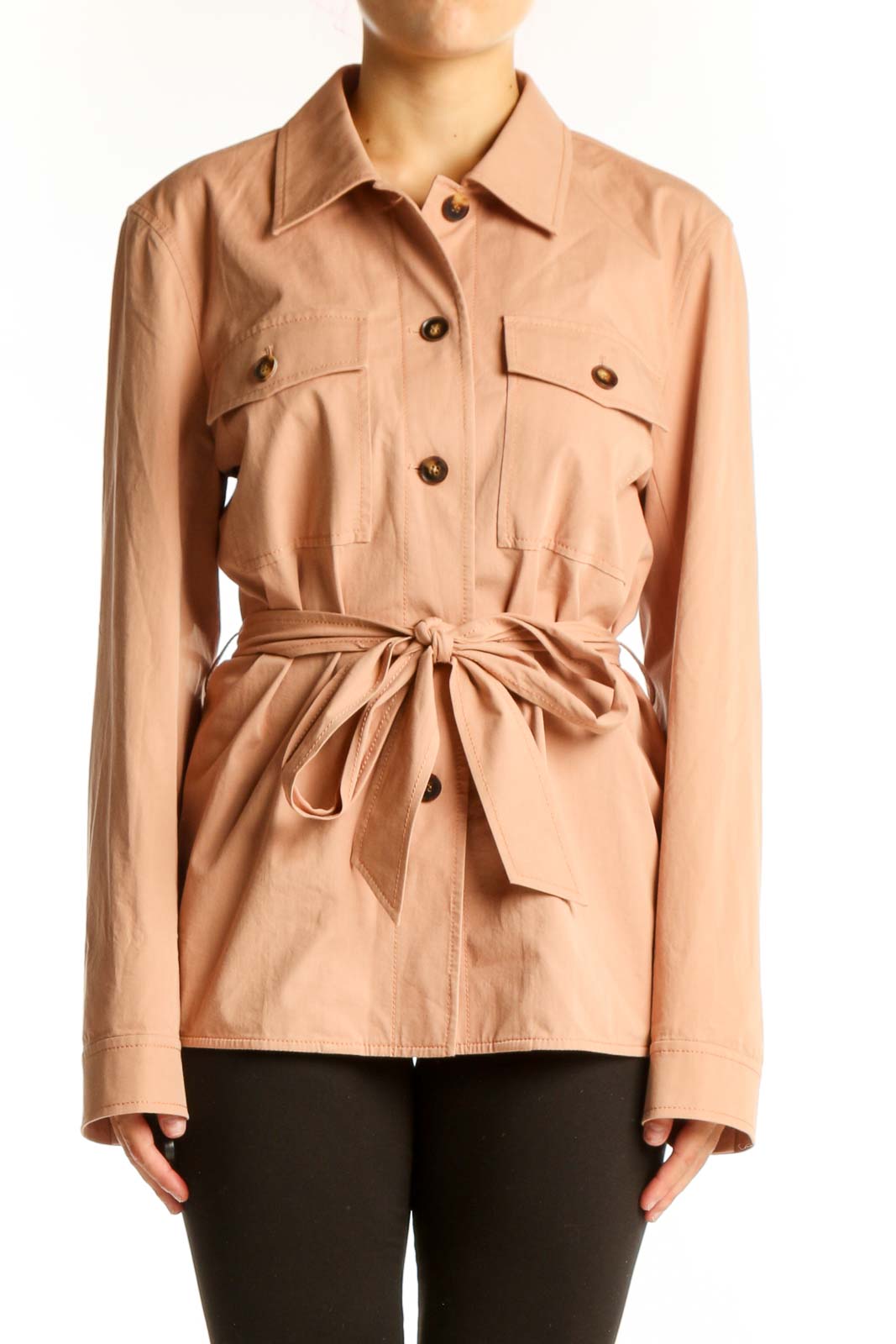 Peach Button-Up Safari Jacket with Belt Front